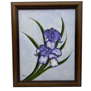 VTG Iris Acrylic painting Pixie B purple white flowers floral framed